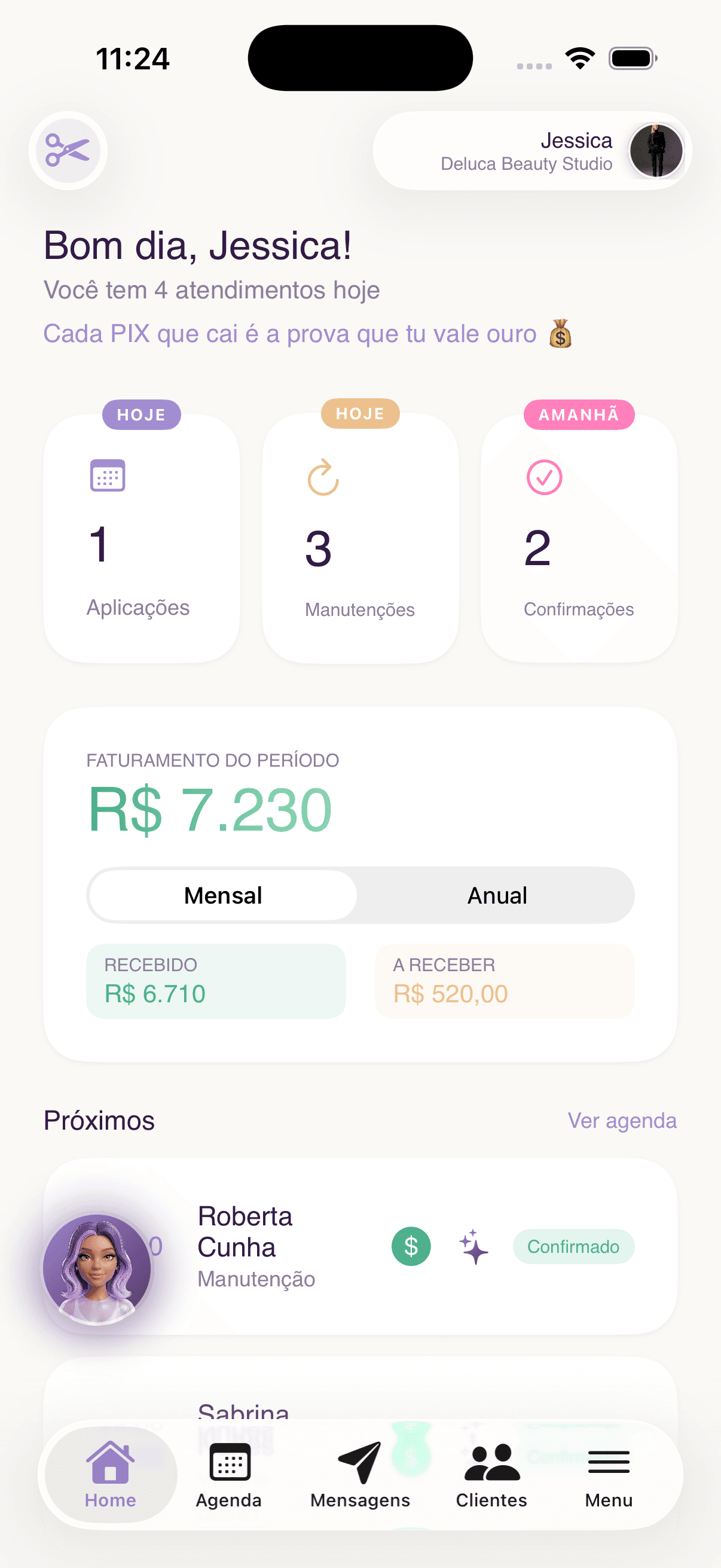 Tela inicial com agenda do dia